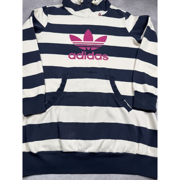 VTG Adidas Hoodie Womens Large Navy White Striped Trefoil Logo Sweatshirt - Picture 5 of 16